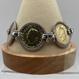 Sterling Silver 925 18K Gold Plated Italian Lire Coin Bracelet 8.5”L